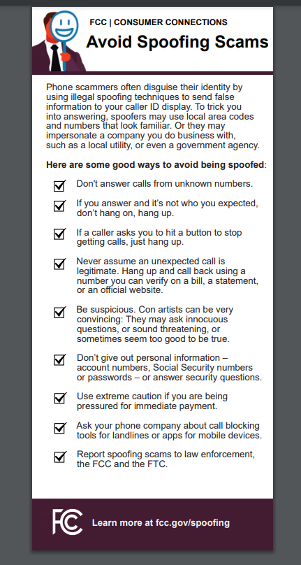 FCC Avoid Spoofing Scams Advice Sheet